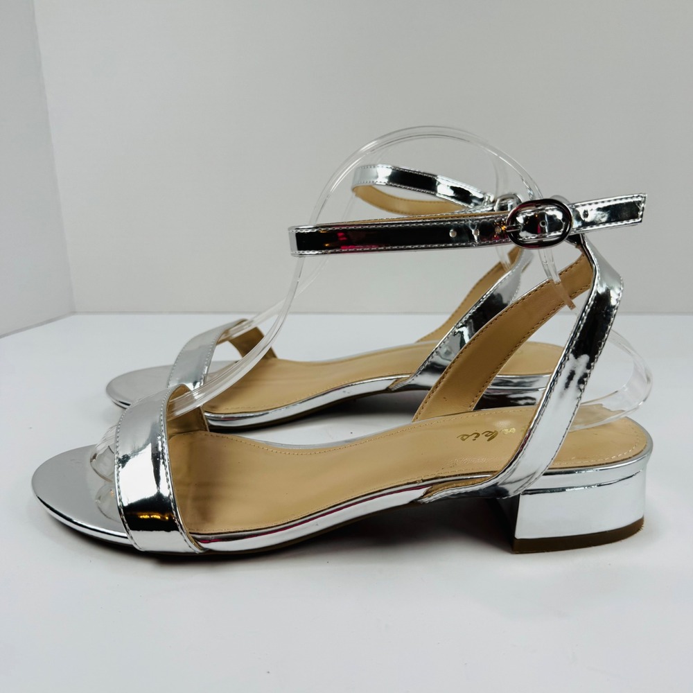 Ankis Womens Silver Metallic Low Block Heel Ankle Strap Sandals Size 9M